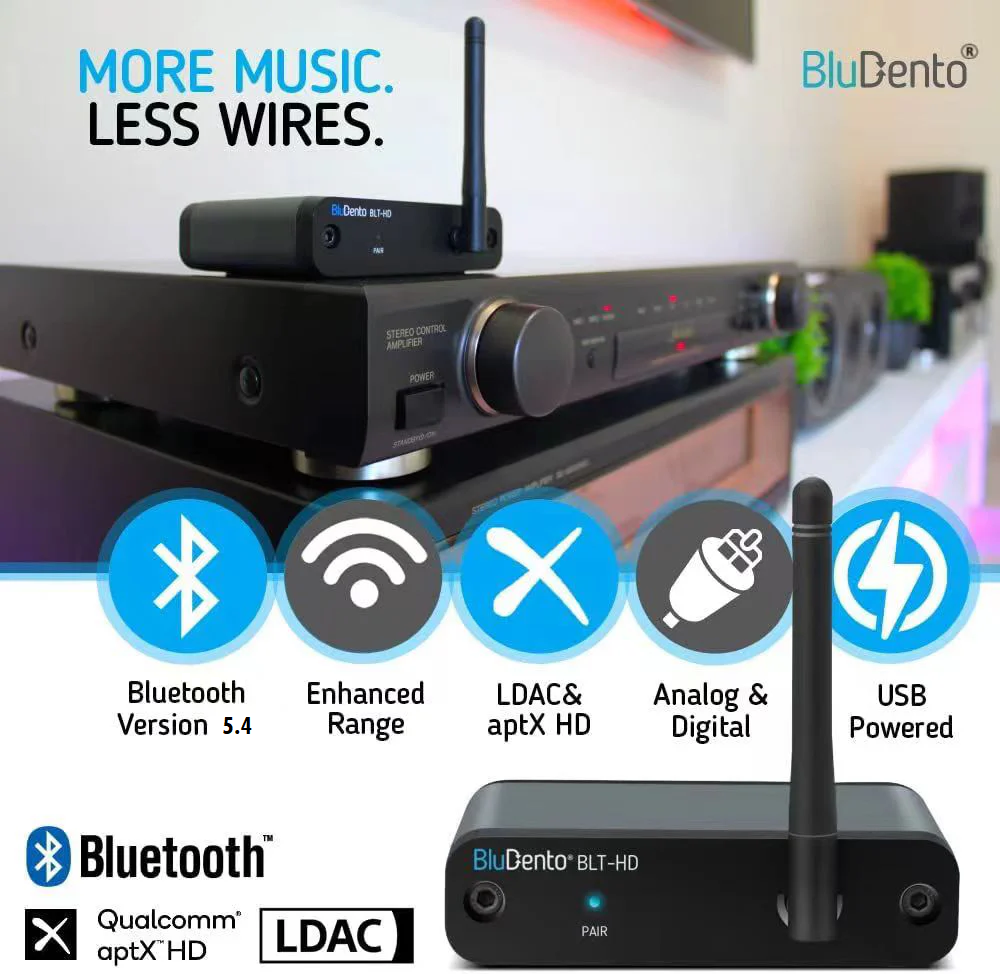 BluDento audio device with features highlighted on a colorful background